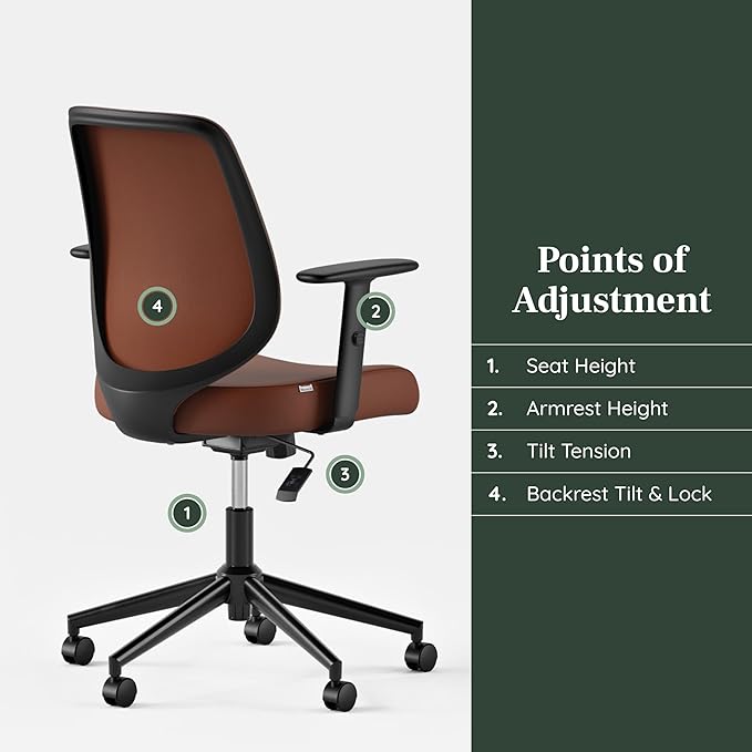 Branch Daily Chair - Vegan Leather Office Chair with Swivel, Lumbar Rest, and Adjustable Armrests - Comfortable Seating for Improved Posture and Productivity - Mahogany