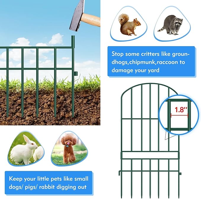 Adavin Animal Barrier Garden Fence,10 Pack Green 12''L x 25" H no dig Fence, Underground dig Protection for Dog Rabbits Rustproof Metal Wire Panel Border, 10 ft Ground Stakes for Outdoor Patio