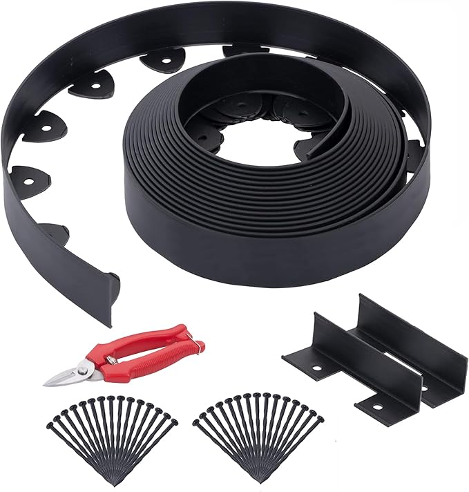 Landscape Edging, 33' 4" Tall Garden Edging with Scissors, Lawn Edging with 30 Garden Spikes and 2 Connectors, Heavy Duty PP&PE Material Edging for Landscaping, Garden, Lawn, Black