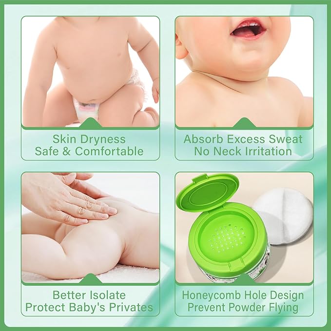 Baby Body Powder with Puff, Natural Cornstarch + Zinc Oxide Skin-Protecting Formula, Talc-Free, Soothing & Gentle Absorption, Newborn Essential, Family-Friendly, 140g/4.9oz (2Pack)