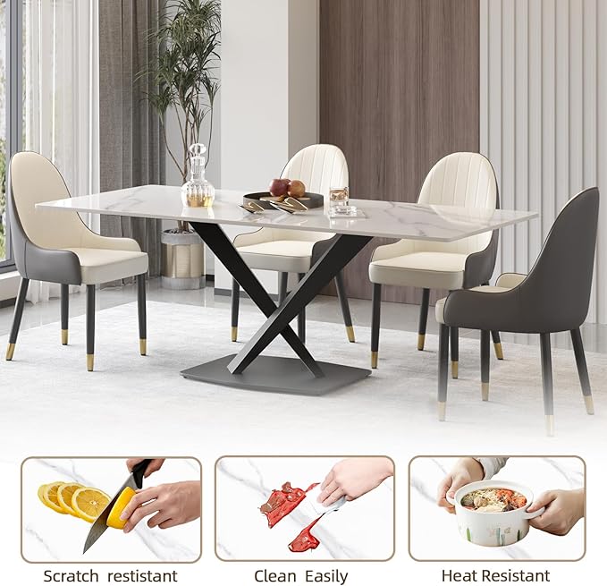 Modern Rectangle Marble Dining Table for 6,71" White Marble Sintered Stone Top Dining Table,Rectangle Dining Room Table with X-Shape Carbon Steel Pedestal for Kitchen/Living Room(Table Only)