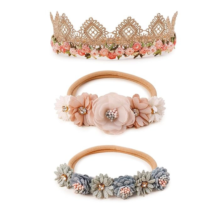 Baby Girl Floral Headband Nylon Flower Crown Elastic Hairband 3pcs Hair Accessories Gift for Girls (9572)