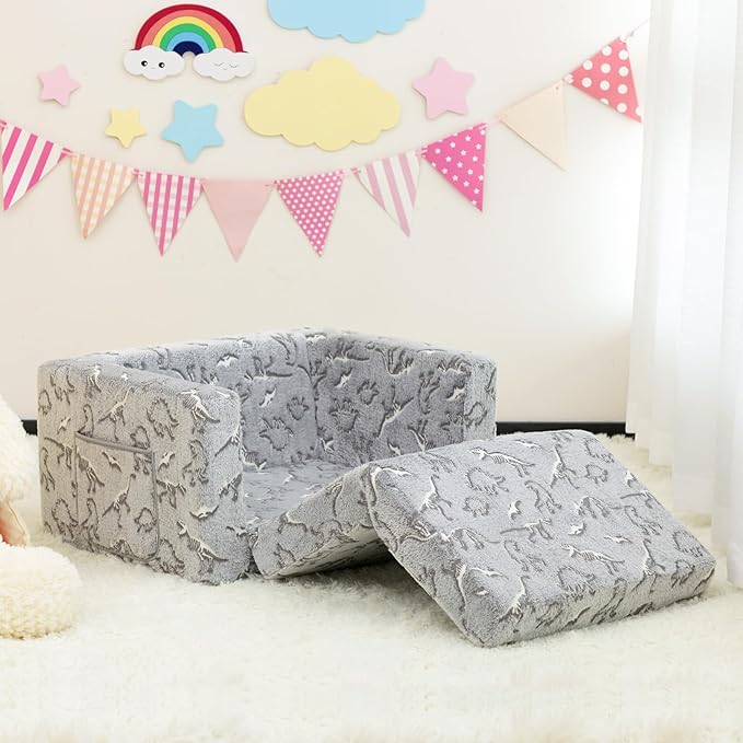 ALIMORDEN 2-in-1 Flip Out Cuddly Sherpa Toddler Couch, Convertible Sofa to Lounger, Glow in The Dark,Dinosaurs