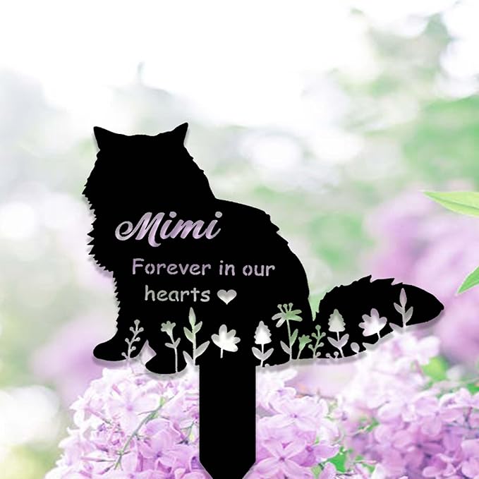 Custom Fluffy Metal Cat Memorial Stake - Long Hair Grave Marker & Personalized Cat Name Remembrance Yard Stake