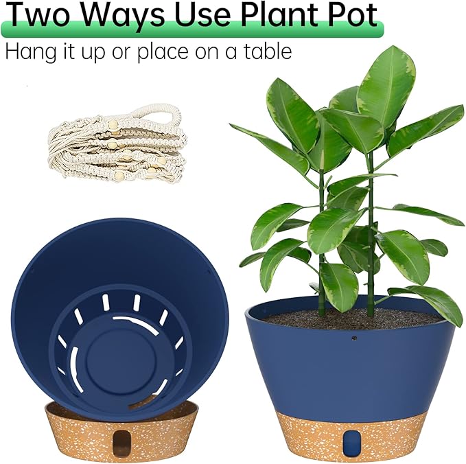 ZMTECH 2 Pack 10 Inch Blue Hanging Planters with Macrame Plant Hanger for Indoor and Outdoor Plants, Self Watering, Drainage Hole, Visible Level Tray