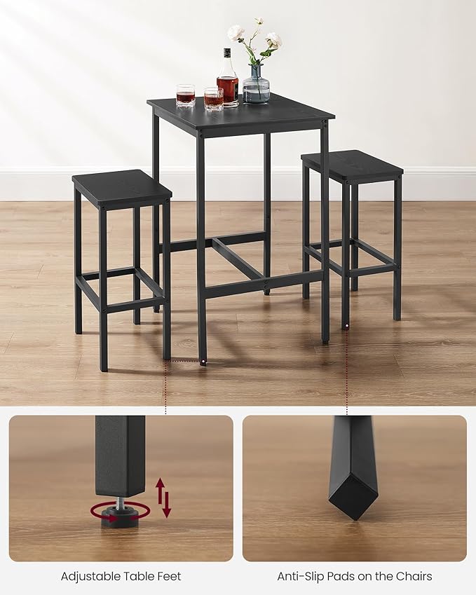VASAGLE Bar Table and Chairs Set, Square Table with 2 Stools, Dining Pub Set for 2, Space Saving for Kitchen Breakfast, Living Room, Party Room, Ebony Black and Ink Black