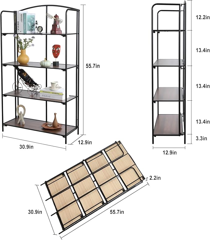 Crofy No Assembly Folding Bookshelf for Living Room, 4 Tier Black Collapsible Book Shelf for Home Office, Portable Bookcase Storage Organizer