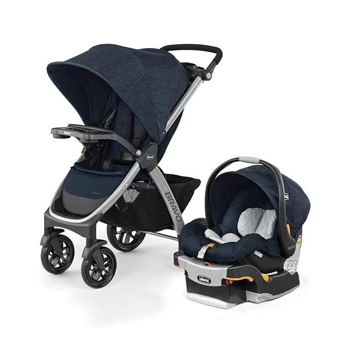 Chicco Bravo 3-in-1 Trio Travel System, Bravo Quick-Fold Stroller with KeyFit 30 Infant Car Seat and Base, Brooklyn/Navy
