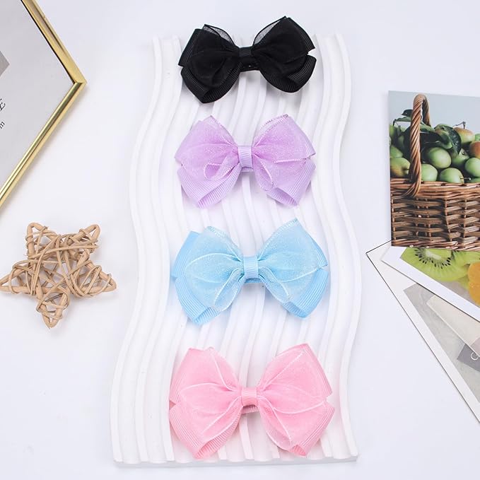 Tiny 3 Inch Organza Double Hair Bow Clips - Lined Boutique Alligator Hairpin for Baby Girls, Toddlers, and Little Teens - Kids Barrettes Set of 2 Small Stylish (Black)