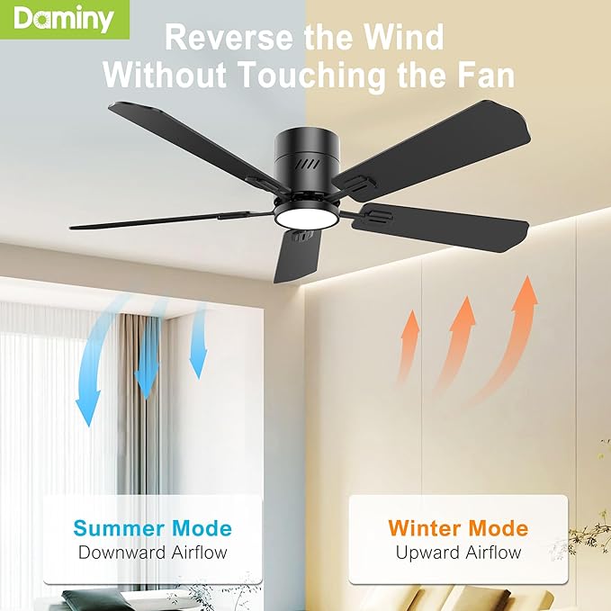 DAMINY 52 inch 5 Blades Black Ceiling Fans with Lights,Flush Mount,6CCT, Low Profile Ceiling Fan with Light and Remote Control,DC Motor,Ceiling Fan for Bedroom, Kitchen,Living Room,Indoor/Outdoor Use