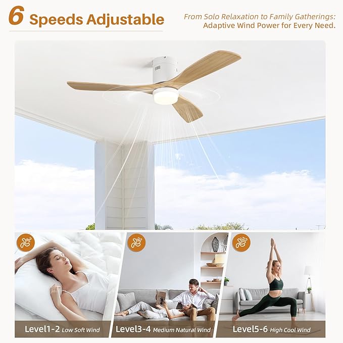 CACI Mall 52 Inch Wood Flush Mount Ceiling Fan with Lights, 3 Blades, Low Profile, Modern, 3CCT, Dimmable, Noiseless, Remote Contral, Outdoor Indoor Ceiling Fans for Bedroom/Farmhouse/Patio