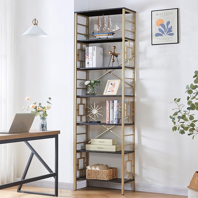 HOMISSUE Bookcase,7-Tier Tall Bookshelf Metal Bookcase and Bookshelves, Free Standing Storage Modern Bookshelf for Home Office Living Room and Bedroom, Black & Gold