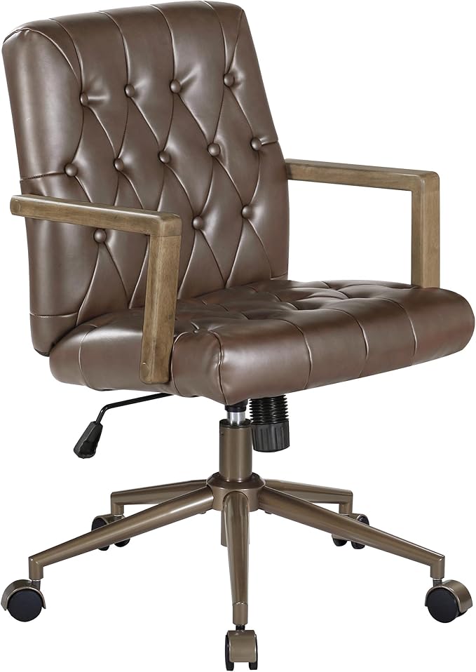 OSP Home Furnishings Waltham Adjustable Height and Tilt, Swivel Home Office Chair with Wood Arms, Chocolate Faux Leather