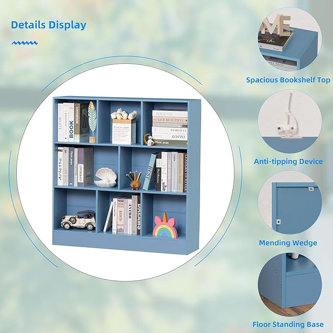 YAHARBO 3 Tier Bookshelf,Wide Kids Horizontal Bookcase,8 Cube Blue Book Shelf,Large Display Toy Storage Cabinet with Base,Floor Standing Modern Bookcases Organizer for Bedroom,Nursery,Playroom