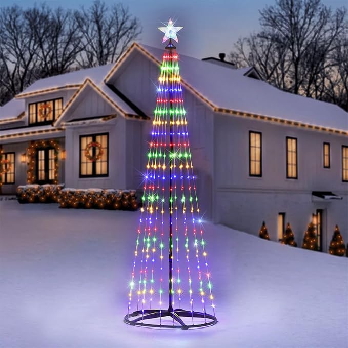 7 ft Lighted Outdoor Christmas Tree, 310 LEDs Pre-lit Christmas Cone Tree with Star Topper for Indoor and Outdoor Holiday Decorations (Multi Color)