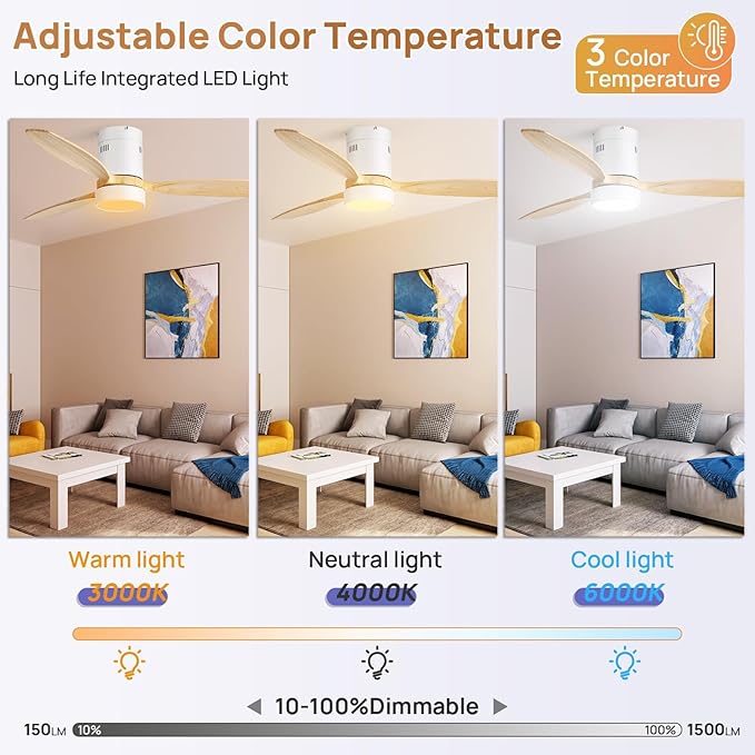 Sofucor 52 Inch Smart Ceiling Fans with Light and Remote-Modern Smart Solid Wood Ceiling Fan with Alexa/Google/APP/Remote Control for Bedroom Living Room Indoor Outdoor Patio,Qiute DC Motor,White&Wood