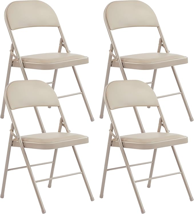 HealSmart 4 Pcs Folding Chairs with Leather Padded Cushion Seats, Back & Sturdy Metal Frame, Stackable, Portable, Commercial Event Seat, Indoor Outdoor for Parties, Home Event, Office, Tan