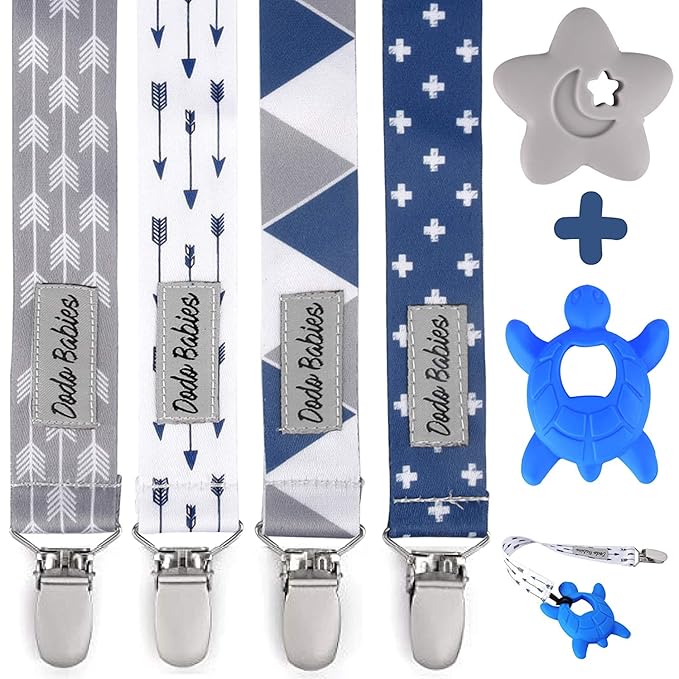 Dodo Babies Pacifier Clip & Teether Toy Set - Universal Pacifier Holder Loop - Silicone Teethers for Baby Teething Toys - 6 Piece Set, Blue & Gray