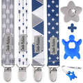 Dodo Babies Pacifier Clip & Teether Toy Set - Universal Pacifier Holder Loop - Silicone Teethers for Baby Teething Toys - 6 Piece Set, Blue & Gray
