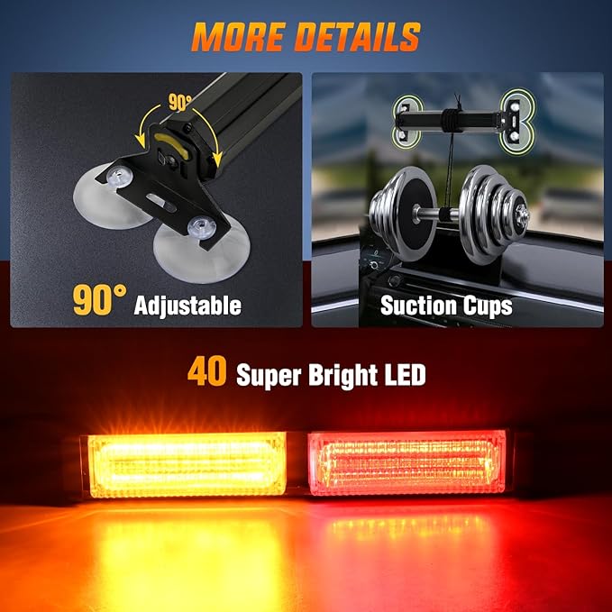 Nilight 40LED Amber Red Emergency Strobe Traffic Advisor Light Bar with Suction Cups Dash Safety Warning Hazard Flashing Lights Interior Front/Rear Windshield for Trucks Construction Vehicles