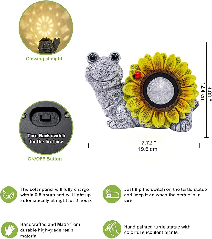 Nacome Solar Turtle Garden Decor with Sunflower: Outdoor Clearance Statues Lights for Outside Lawn Ornaments Porch Patio Balcony Yard - Birthday Gifts for Mom Grandma Women(Grey)