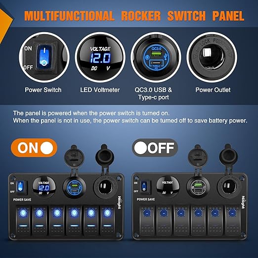 Nilight 6 Gang Rocker Switch Panel Waterproof Pre-Wired Aluminum Power Control Marine Panels with PD Type C and USB Cigarette Lighter Socket Voltmeter 12V 24V ON Off Switches for Car Trucks Boats RVs