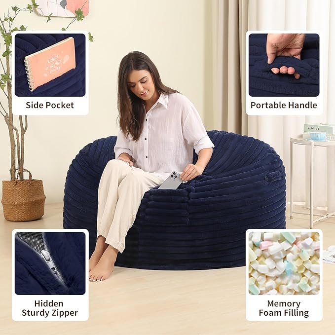 4FT Memory Foam Bean Bag Chair for Adults/Teens, Bean Bag Sofa with Fluffy Removable Cover, for Living Room Bedroom, Blue