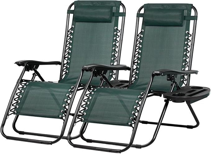 Nazhura Set of 2 Relaxing Recliners Patio Chairs Adjustable Steel Mesh Zero Gravity Lounge Chair Beach Chairs with Pillow and Cup Holder (Dark Green)