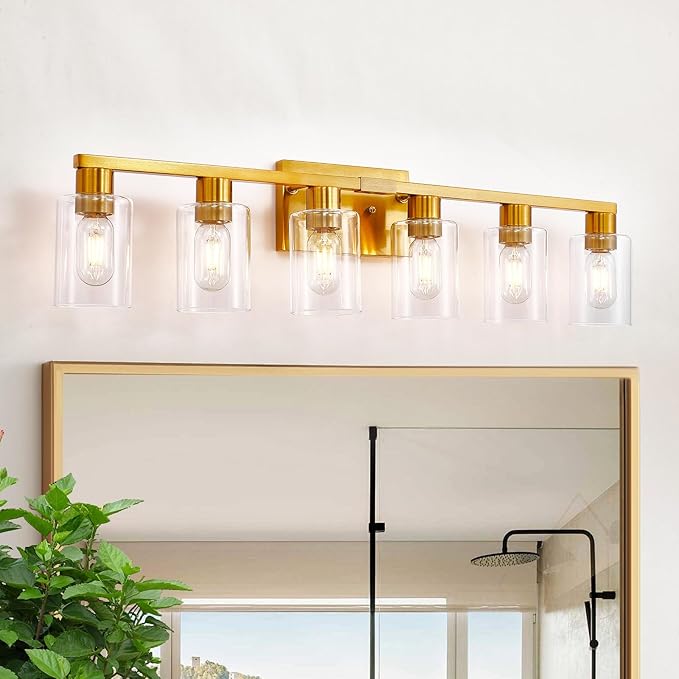 6 Light Bathroom Light Fixtures, Large Gold Bathroom Vanity Light with Clear Glass Shade, Brushed Brass Gold Bathroom Lighting Fixtures Over Mirror, Modern Wall Scones for Bedroom Living Room