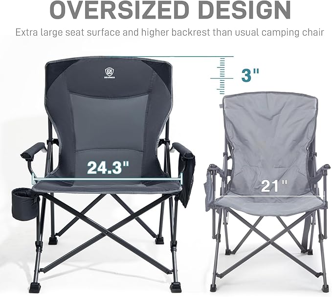 EVER ADVANCED Oversized Folding Camping Chair, for Adults Heavy Duty Lawn Chair with Side Pockets, Portable Collapsible Quad Chair for Outside, Support Up to 500lbs, Grey