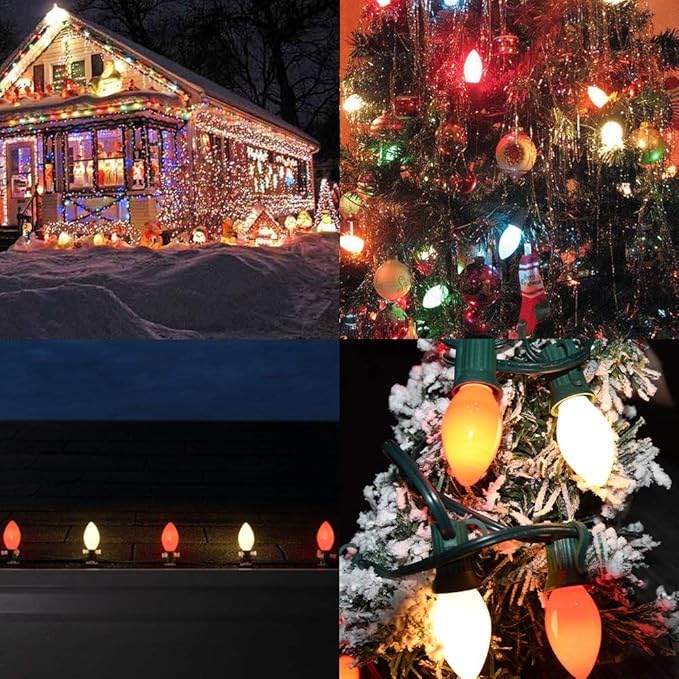 C7 Christmas Lights Outdoor, 25Ft C7 Red and White Christmas Lights with 27 Ceramic Incandescent Bulbs Vintage Christmas Light for Holiday Party Roofline Home Garden Patio Tree Decorations