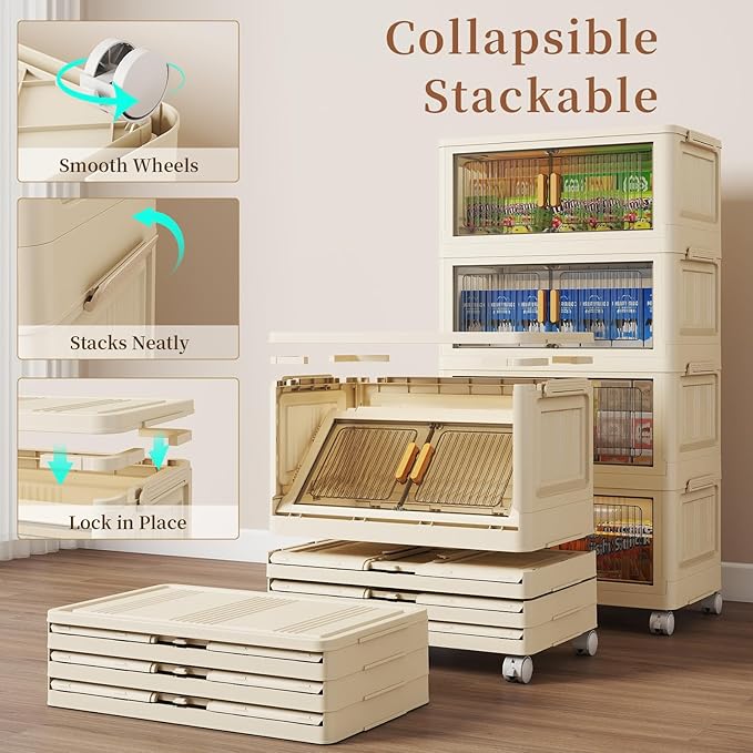 4 Tier Stackable Plastic Storage Bins with Lids 58QT, Collapsible Closet Organizers and Storage with Wheels for Living Room,Office,Dorm