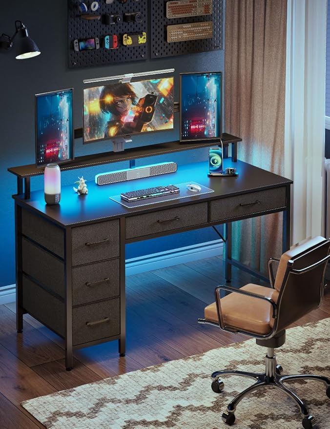 Seventable Computer Desk with Power Outlets & LED Light, 55 inch Home Office Desk with 5 Drawers, Writing Desk with Monitor Stand, Work Desk for Home Office, Black
