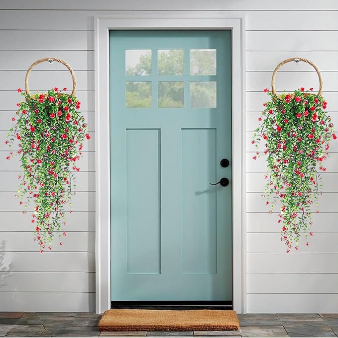 Artificial Hanging Flowers, 3 Pcs Fake Hanging Plants Artificial Vines for Outdoors, Fake Ivy Vine UV Resistant No Fade Faux Plants for Indoor Outside Garden Patio Yard Greenery Decoration (Red)