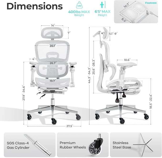 Ergonomic Office Chair with 9D Arms,Adjustable Seat Depth,3D Lumbar Support,135° Recline,3D Headrest & Footrest,Mesh Computer Desk Chair - Ultimate Comfort for Home & Executive Office White