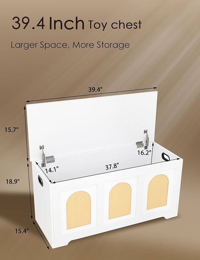 DINZI LVJ Storage Chest, 39.4" Rattan-Like Storage Box with 2 Safety Hinges, Wooden Entryway Shoe Bench with Flip-Top, Trunk for Living Room, Bedroom, Easy Assembly, White and Natural