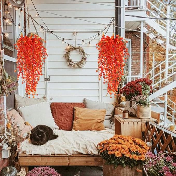 SJL Artificial Hanging Plants Pack of 4 Fall Faux Hanging Plants Artificial Decor Faux Eucalyptus Leaf Fake Autumn Plant Plastic Greenery Plant Flowers for Kitchen Bathroom Thanksgiving Decor(Gold)