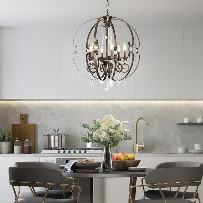 Oil-Rubbed Bronze Crystal Chandeliers for Dining Room Light Fixture, 6-Light 26 Inch Sphere Vintage Chandelier for Kitchen Island, Living Room, Foyer, Staircase, Entry, Villa