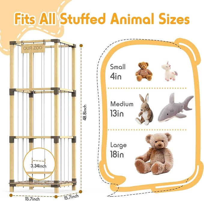 200L Stuffed Animal Zoo Storage, 3-Tier Extra Large Stuffed Animal Holder, Solid Bamboo Plushies Storage Tower with Mesh Pocket and Elastic Cords, Space Saver for Nursery Playroom Bedroom