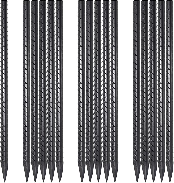 16 Inch Rebar Stakes 16 Pack Heavy Duty 3/8 Inch Diameter Ground Anchors, Landscpe Timber Spikes with Chisel Point End, Straight Metal Stakes for Concrete Forming, Garden Plant, Camping Tent, Black