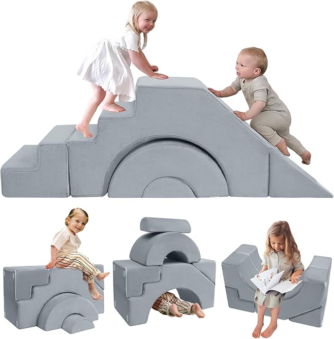 MeMoreCool Foam Climbing Toddler Couch, Modular Kids Sofa with Slide & Stair, Convertible Baby Couch for Playroom, Sectional Furniture for Crawling, Climbing, and Kids’ Play