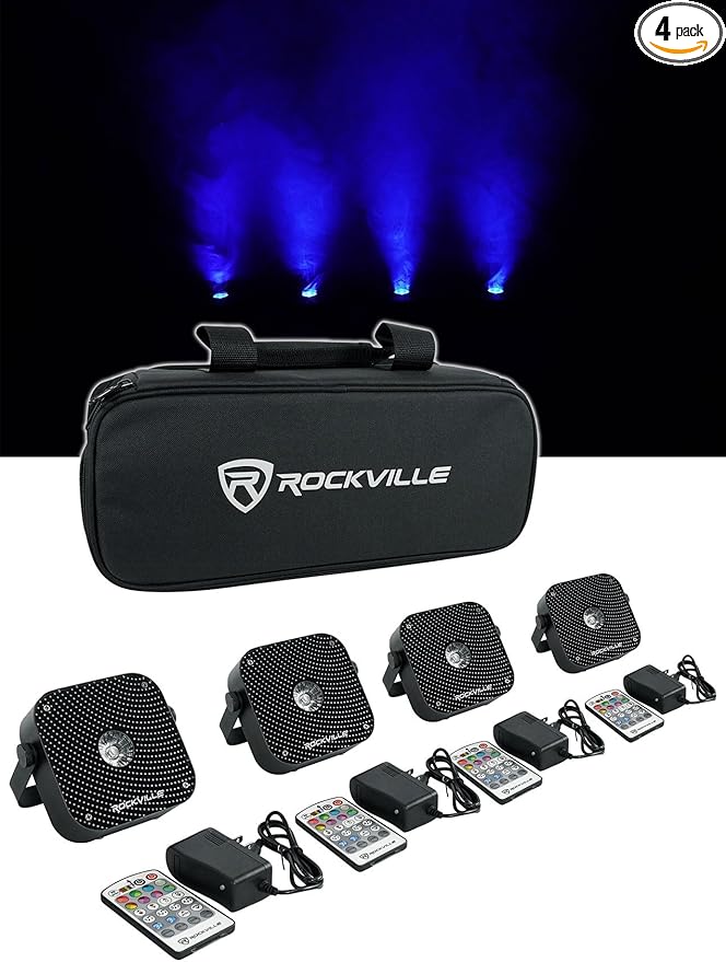Rockville 4 PACK MINI RF1 V2 Black RGBWA+UV Battery-Powered Wash Lights with RF Remotes, Wireless DMX, Travel Bag, Perfect for DJs & Events