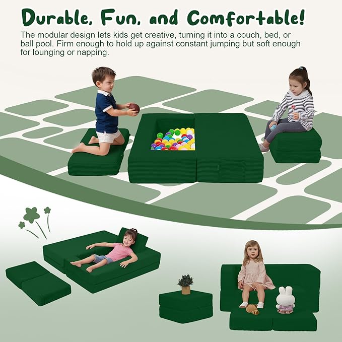 MeMoreCool Modular Kids Couch, Corduroy Play Toddler Couch for Bedroom Playroom Furniture, Convertible Foam Kids Sofa Bed, Fold Out Baby Sofa for Girl Boy, Green