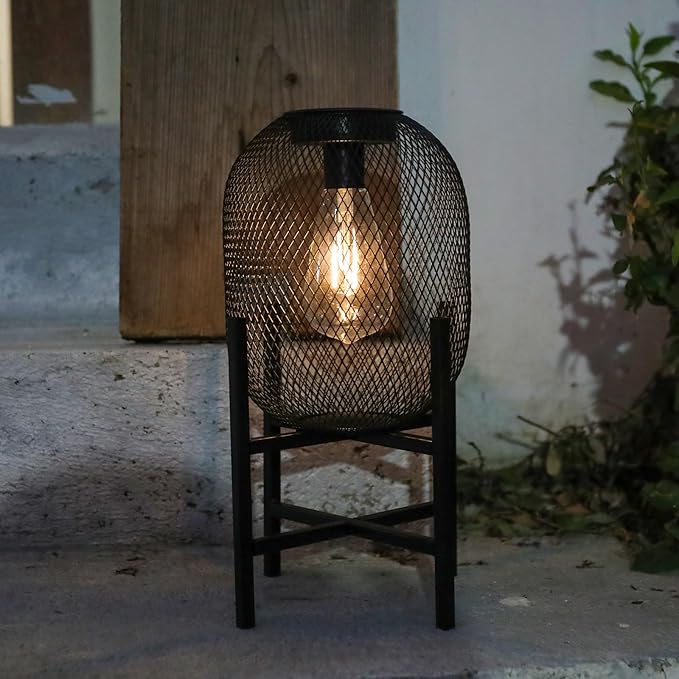 Solar Mesh Lantern Outdoor – 13.8" Tall Black Metal Patio Light with Edison Glass Bulb, Solar Powered Warm Glow LED, Waterproof IP65 for Garden, Porch, Deck, Tabletop Decor