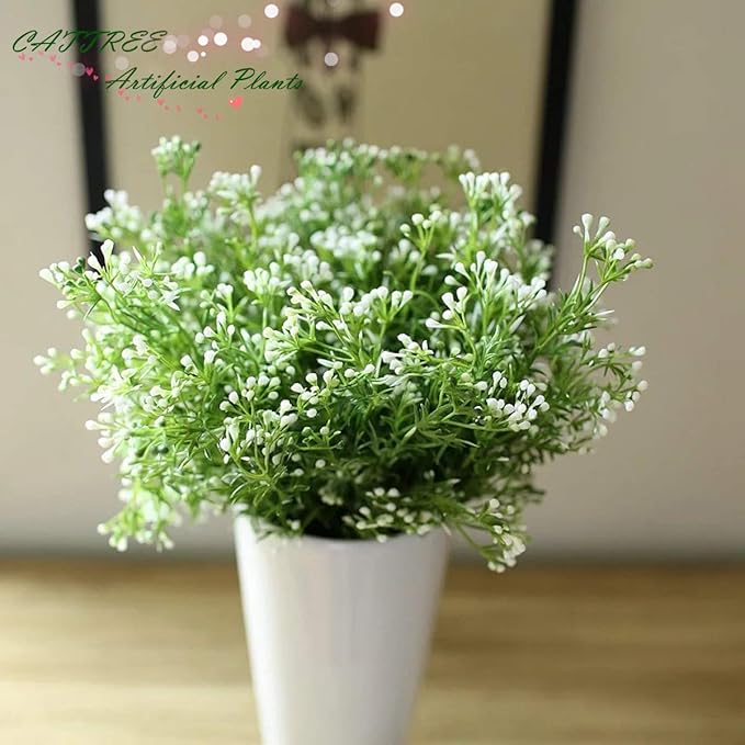 CATTREE Artificial Plants, Faux Plastic Pearl Flowers Shrubs Fake Grass Leaves Simulation Greenery Bushes Indoor Outside Home Garden Office Yard Verandah Wedding Decor - 4 Bundles