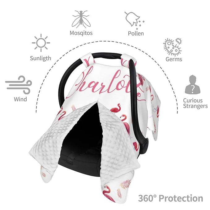 Personalized Car Seat Covers for Babies Custom Name Car Seat Canopy for Newborn Baby Boys Girls 2 in 1 Mom Nursing Breastfeeding Covers Flamingo Minky Baby Carrier Covers with Peekaboo Opening