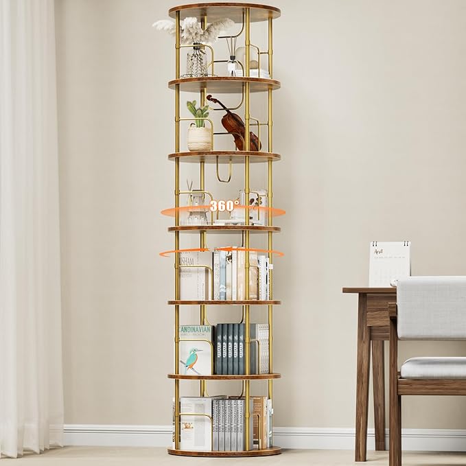 6 Tier Rotating Bookshelf, 360 ° Display Stackable Spinning Bookshelf Tower, Corner Bookshelf Tall Floor Standing Swivel Bookcase Narrow Storage Organizer for Bedroom, Living Room, Gold