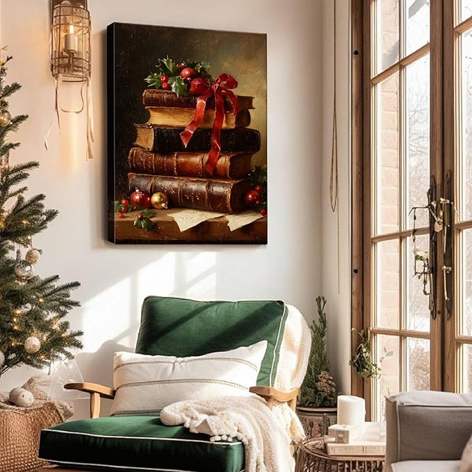 Dark Academia Christmas Canvas Wall Art - Vintage Books & Holly Framed Print for Library Reading Nook, Moody Winter Decor, Unique Christmas Gifts for Book Lovers & Festive Decorations