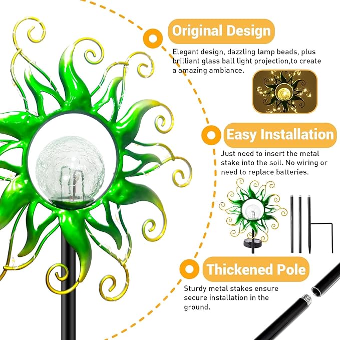 Solar Garden Lights Outdoor, Green Metal Sun Stake with 30 LED Waterproof Vine String Crackle Glass Spring Decor for Patio,Yardr,Lawn Gardening Birthday Gifts