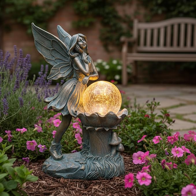 Ferrisland Garden Angel Fairy Outdoor Figurines Statue with Solar Lights,Solar Decorations for Yard Outdoor Garden, Patio Yard Lawn, Gifts for Birthday Housewarming Mother's Day (Bronze)